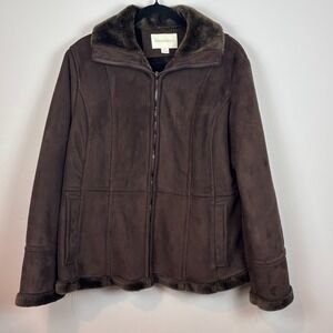 AppleSeeds Faux Suede and Faux‎ Fur Trim Womens Brown Full Zip Jacket SZ XL Warm